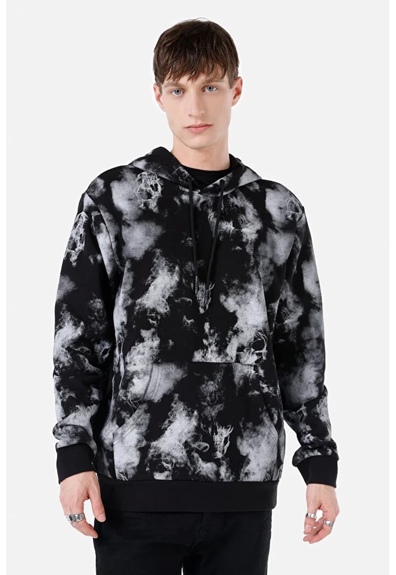 Hanorac cu snur de ajustare si model tie-dye - Alb/Negru