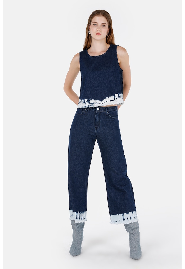 Blugi crop cu terminatii franjurate - Albastru glaciar/Bleumarin