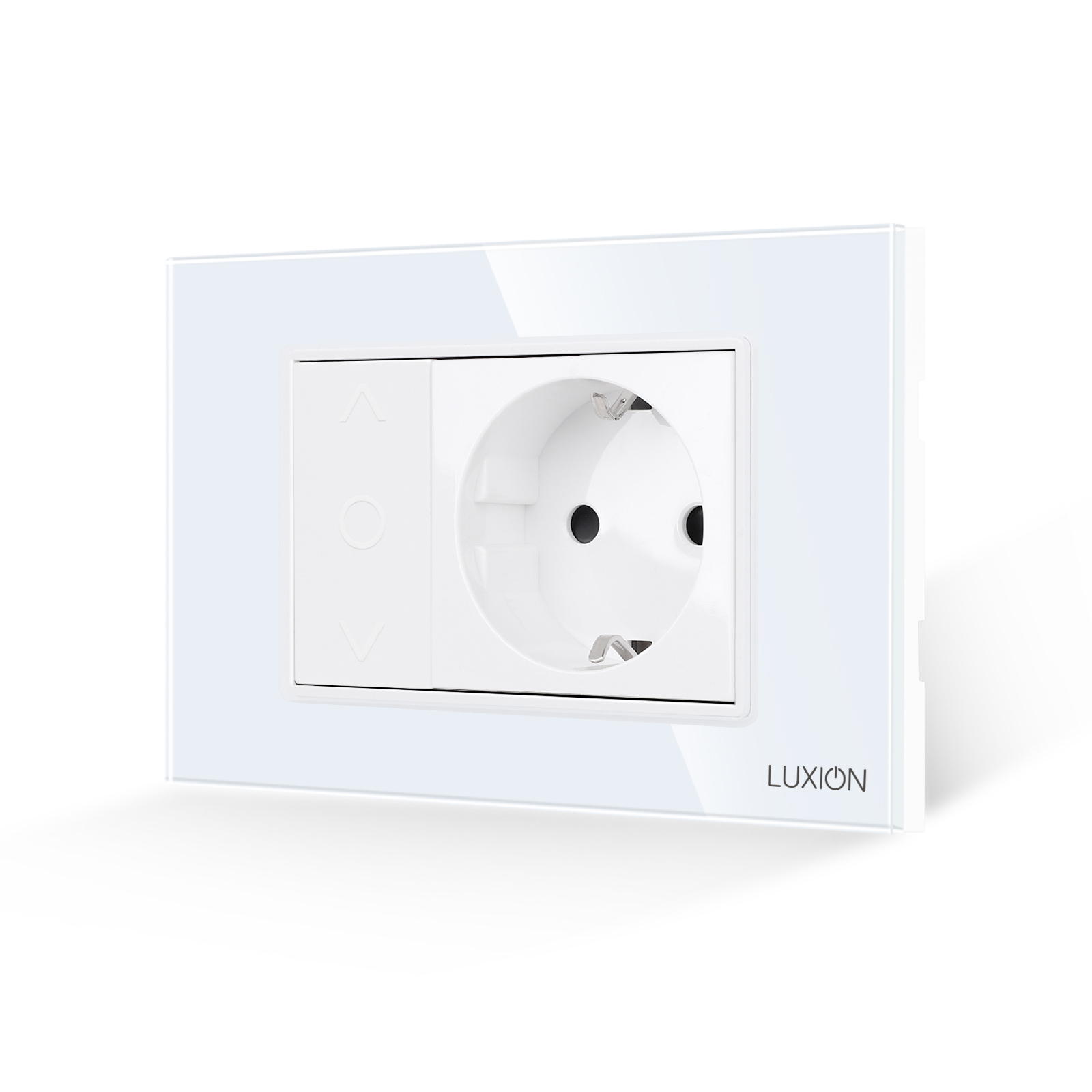 Intrerupator Mecanic Jaluzele + Priza cu Rama din Sticla LUXION, Standard Italian, 3M