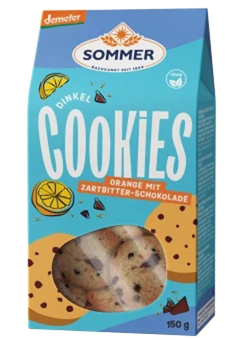 Biscuiti bio din grau spelta cu ciocolata amaruie si ulei de portocale, demeter, 150g Sommer