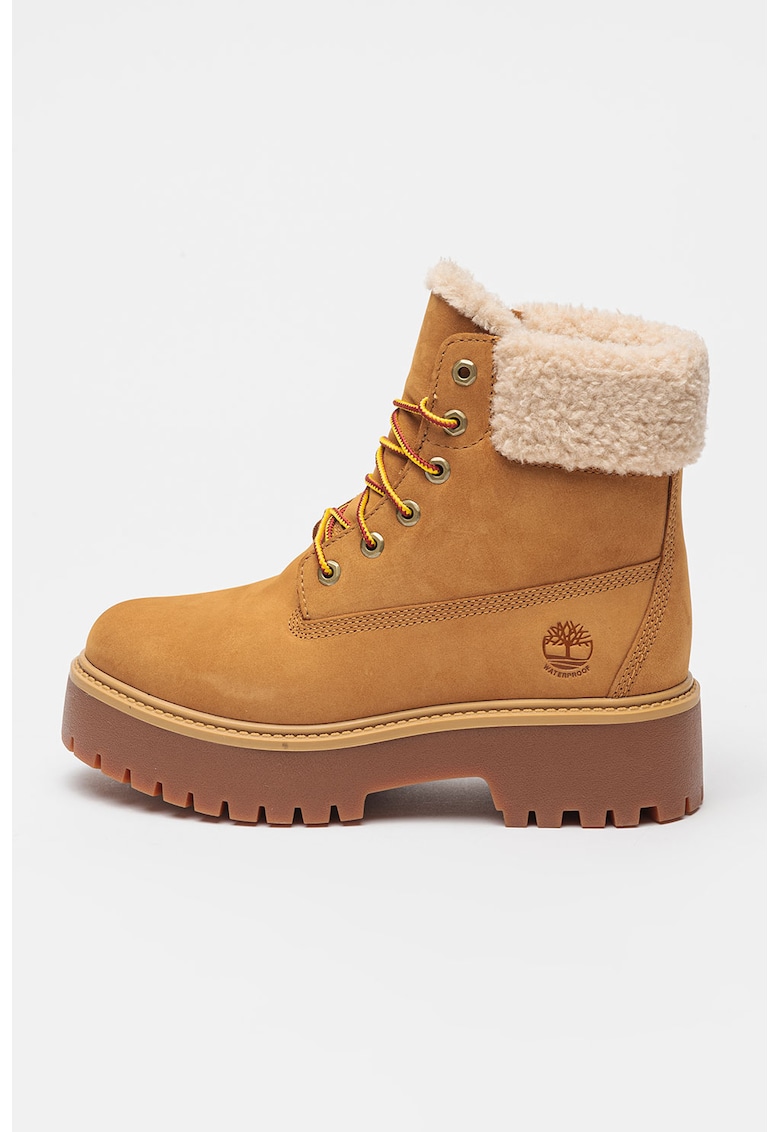 Ghete impermeabile din piele nabuc Stone Street - Alb fildes/Caramel