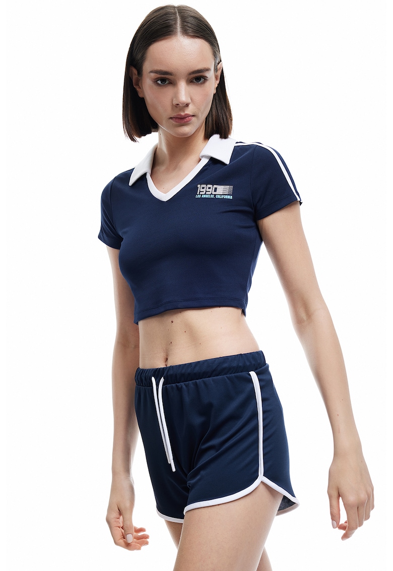 Tricou crop polo - Alb/Bleumarin