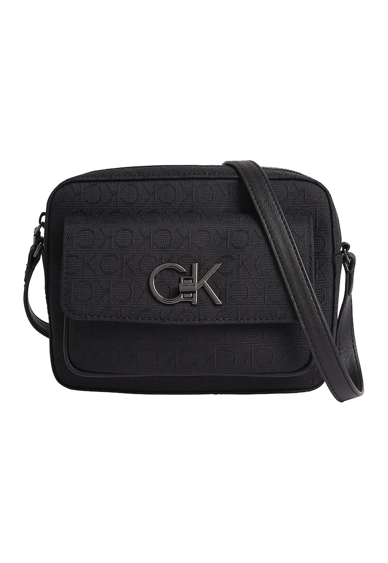 Geanta crossbody cu aplicatie logo metalica - Negru