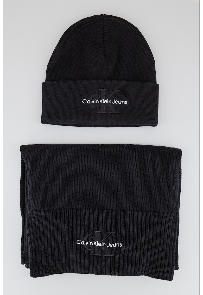 Set de caciula si fular din bumbac organic cu logo - 2 piese - Negru