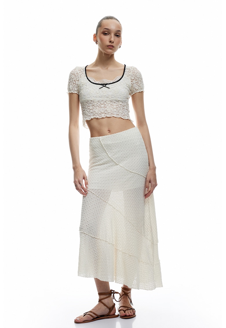 Tricou crop de dantela - Alb/Negru stins