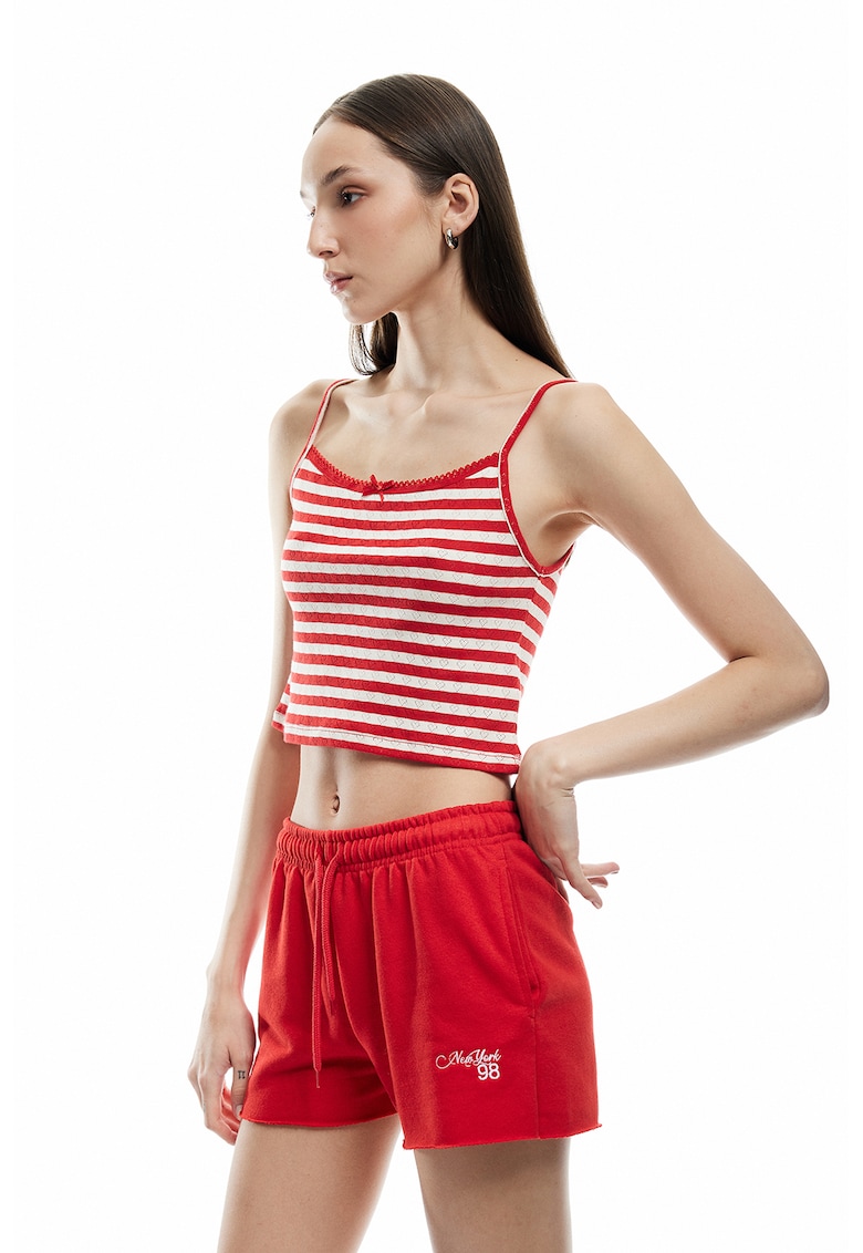 Top crop cu dungi si bretele subtiri - Alb/Coral