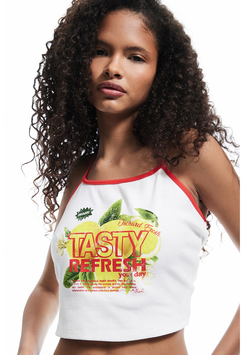 Top crop cu imprimeu grafic - Alb/Verde/Galben