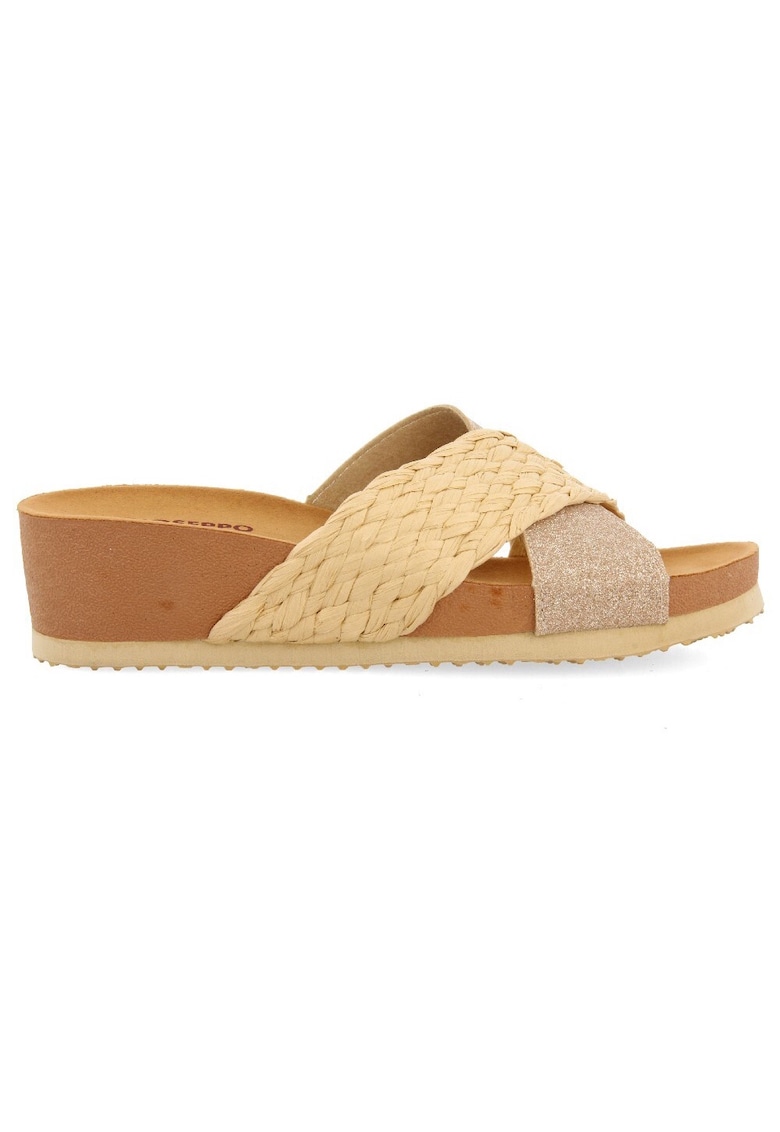 Papuci wedge de piele ecologica - Bej