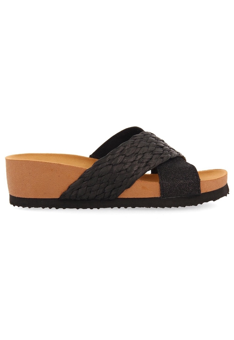 Papuci wedge de piele ecologica - Negru