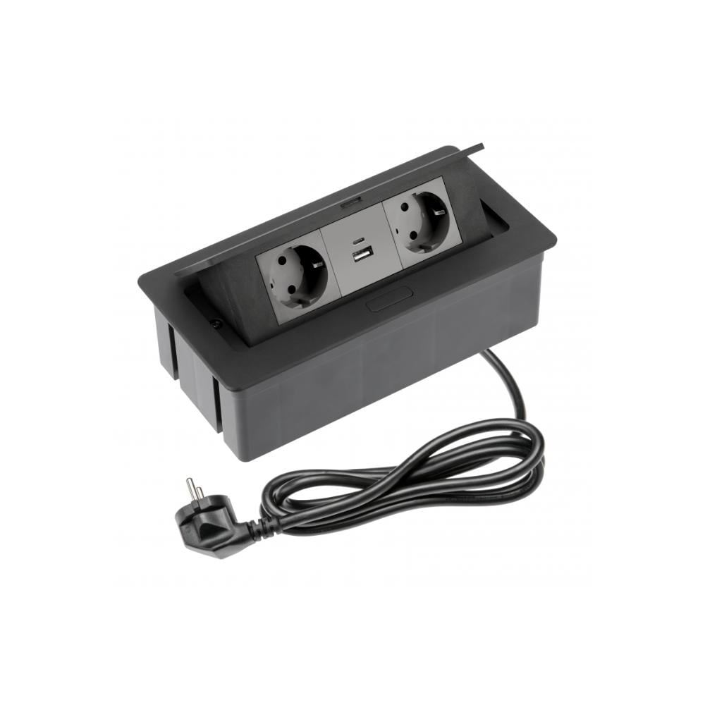 Priza incorporabila GTV, 2 prize schuko x 2 port USB, negru, 110 x 130 x 250 mm