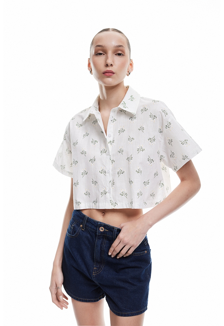Camasa crop cu model floral - Verde/Alb optic