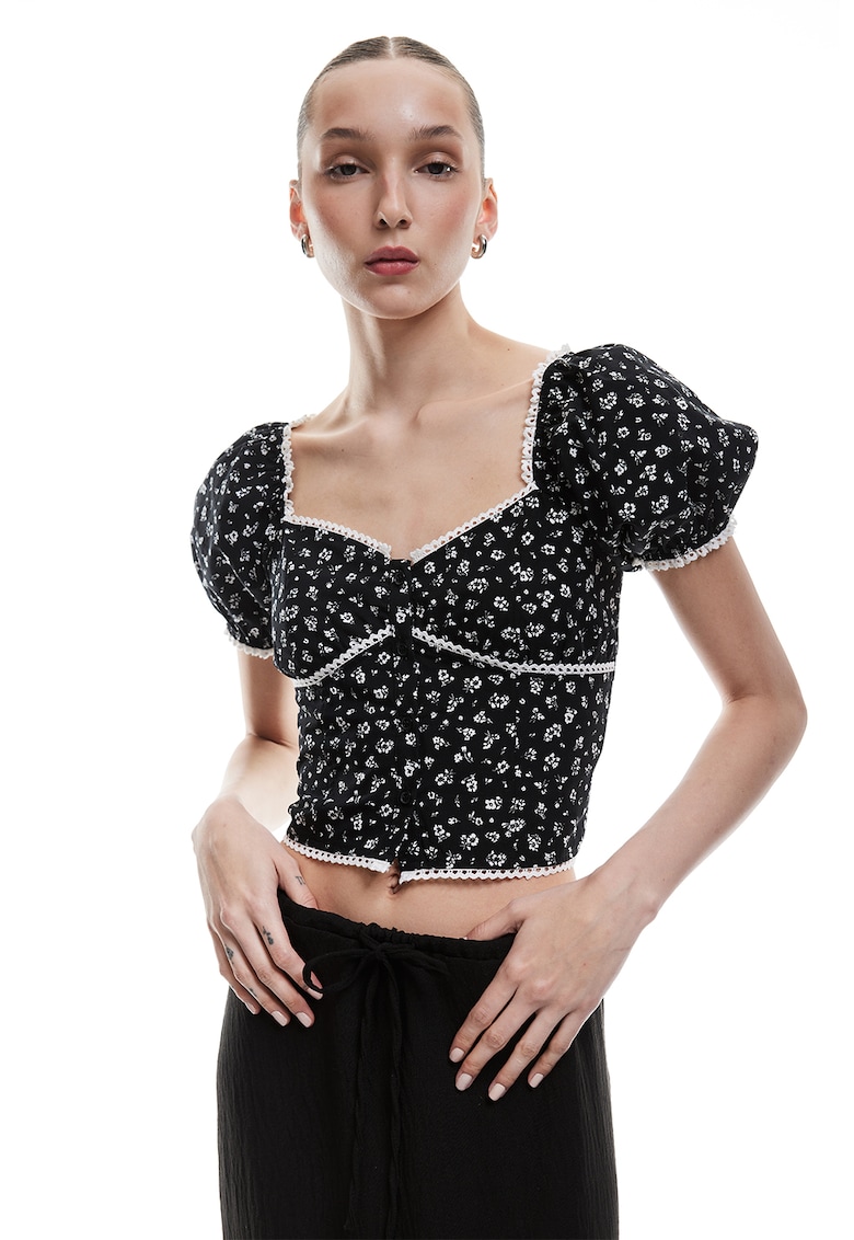 Bluza crop cu maneci bufante - Alb/Negru