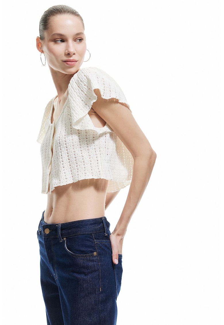 Bluza crop cu perforatii - Alb fildes