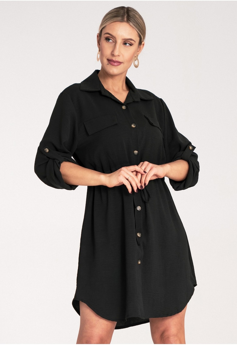 Rochie camasa dama -  neagra - maneca lunga - cu nasturi - 95% poliester - 5% elastan -