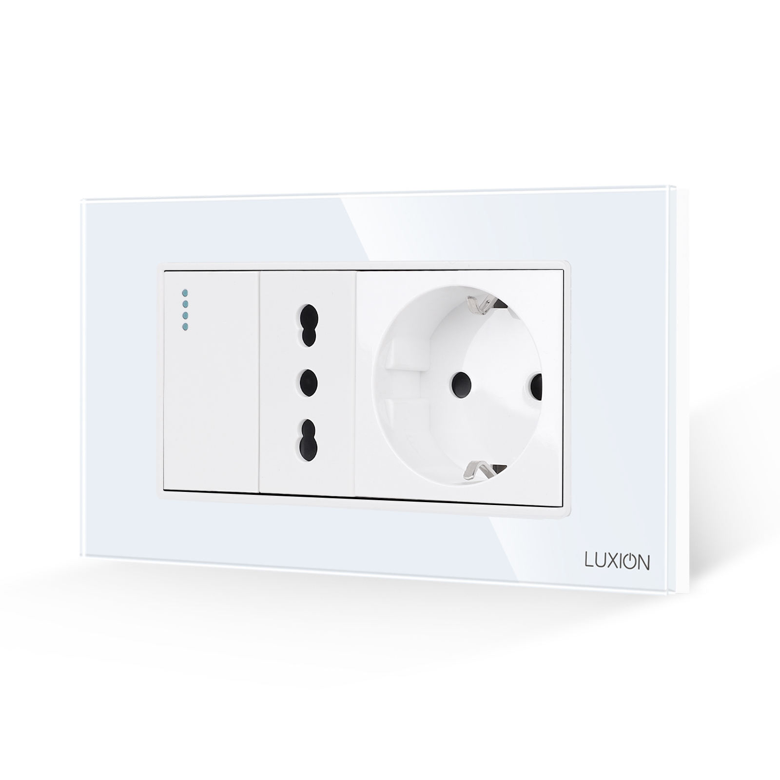 Intrerupator Simplu + Priza Ingusta + Priza Schuko cu Rama din Sticla LUXION, Standard Italian, 4M