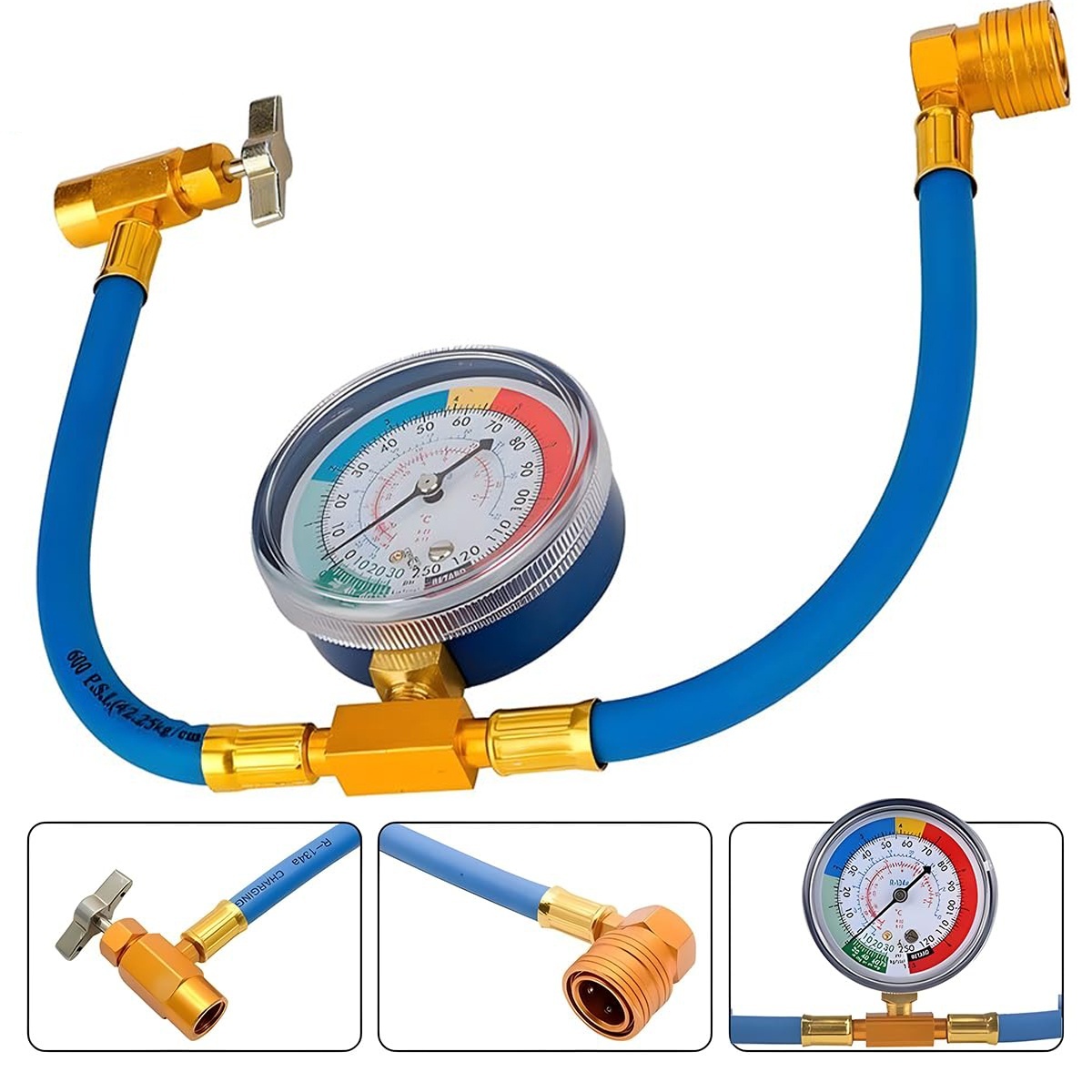 Kit incarcare freon AC auto Techstar, furtun cu manometru 1/2 ACME, R134a/R12/R22, pentru aer conditionat auto si rezidential