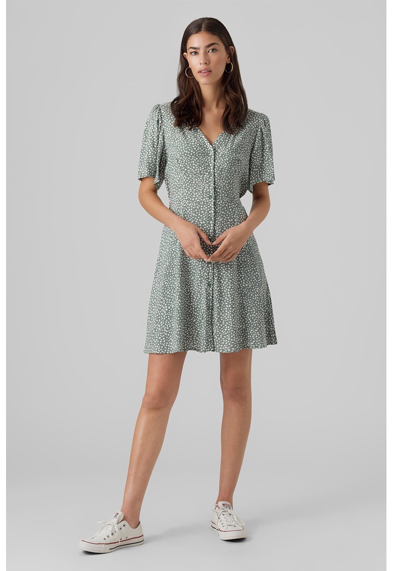 Rochie mini cu decolteu in V - Alb/Verde feriga
