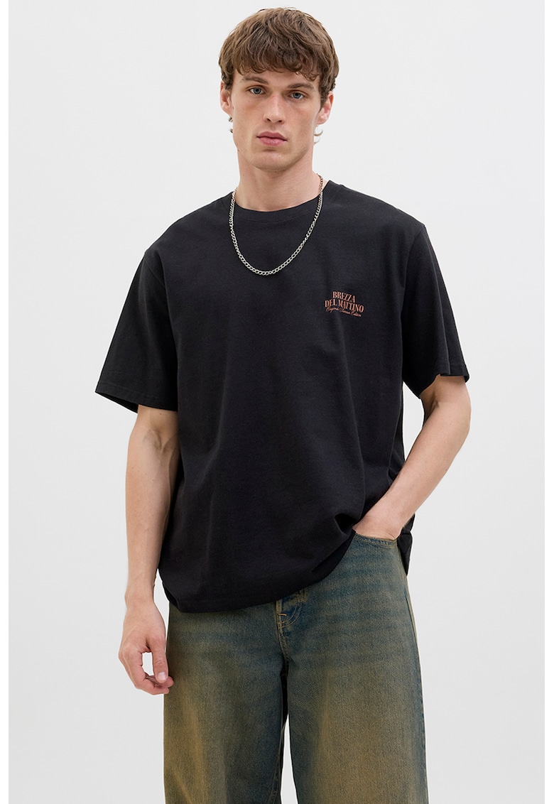 Tricou lejer de bumbac cu imprimeu foto pe partea din spate - Negru