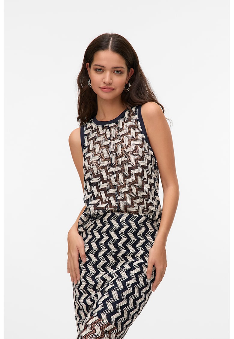 Top din tricot cu model chevron - Alb/Bleumarin