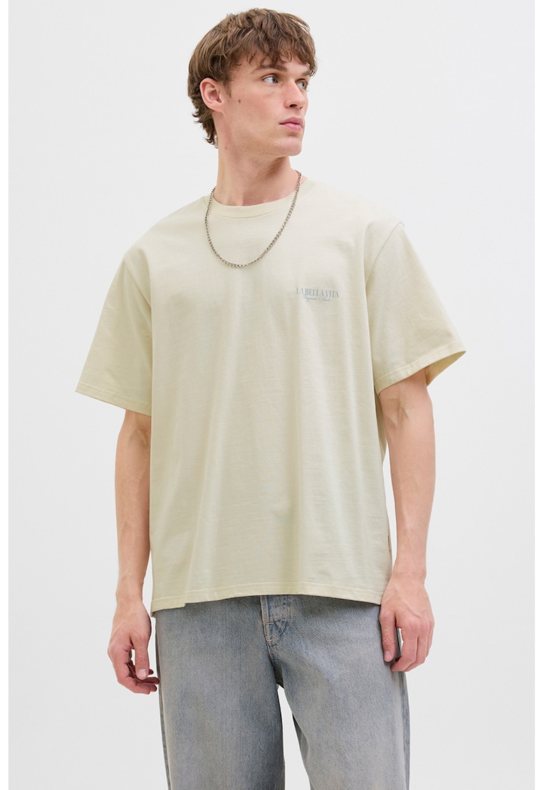 Tricou lejer de bumbac cu imprimeu foto pe partea din spate - Verde pal