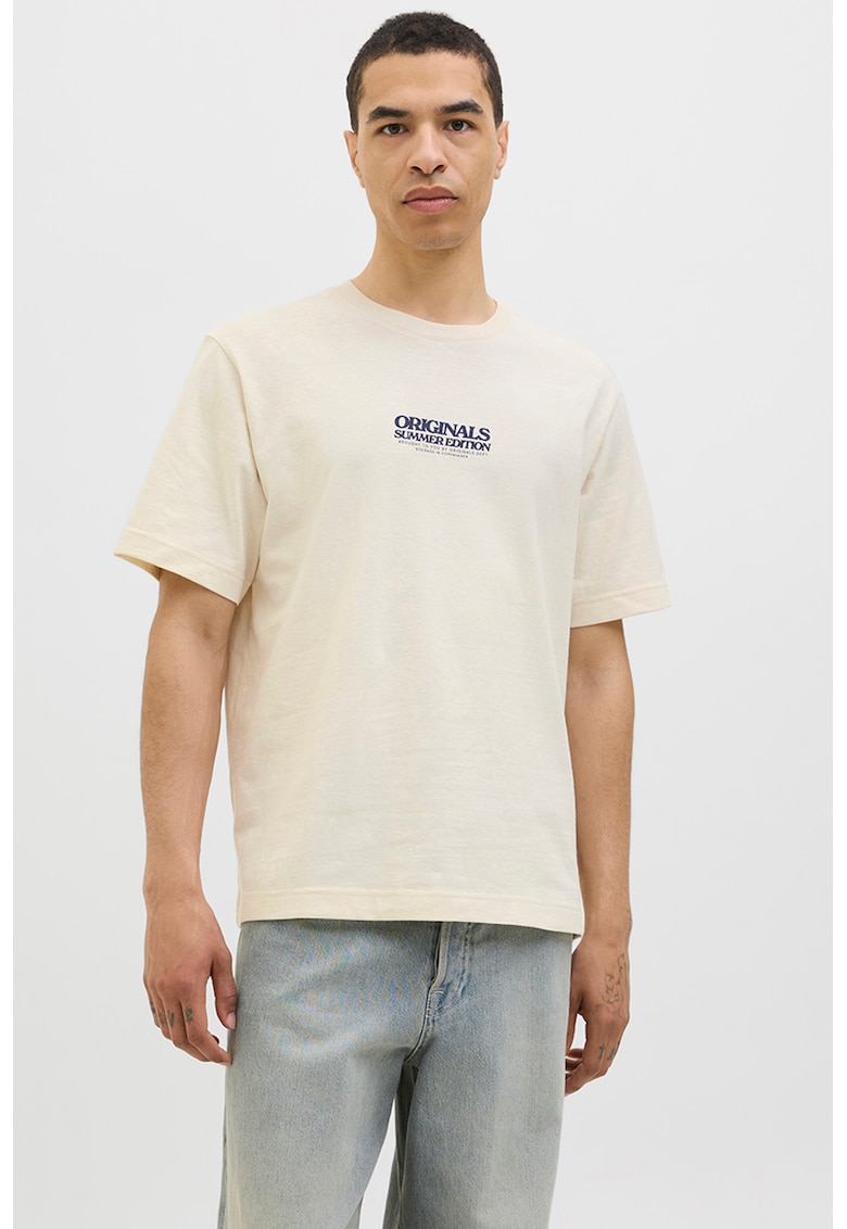 Tricou din amestec de bumbac organic cu imprimeu grafic pe partea din spate - Alb fildes/Bleumarin
