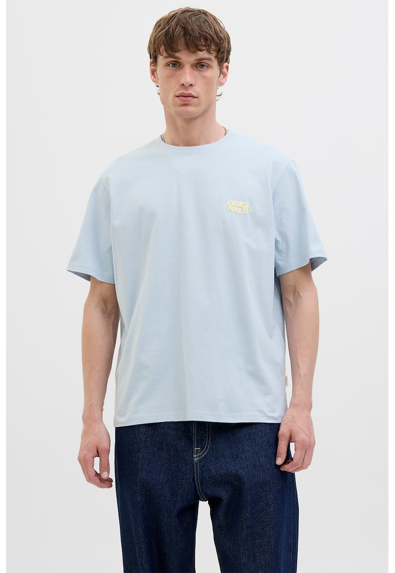 Tricou din amestec de bumbac organic cu decolteu la baza gatului - Galben/Albastru azur