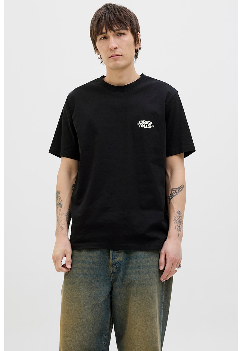 Tricou din amestec de bumbac organic cu decolteu la baza gatului - Negru/Crem