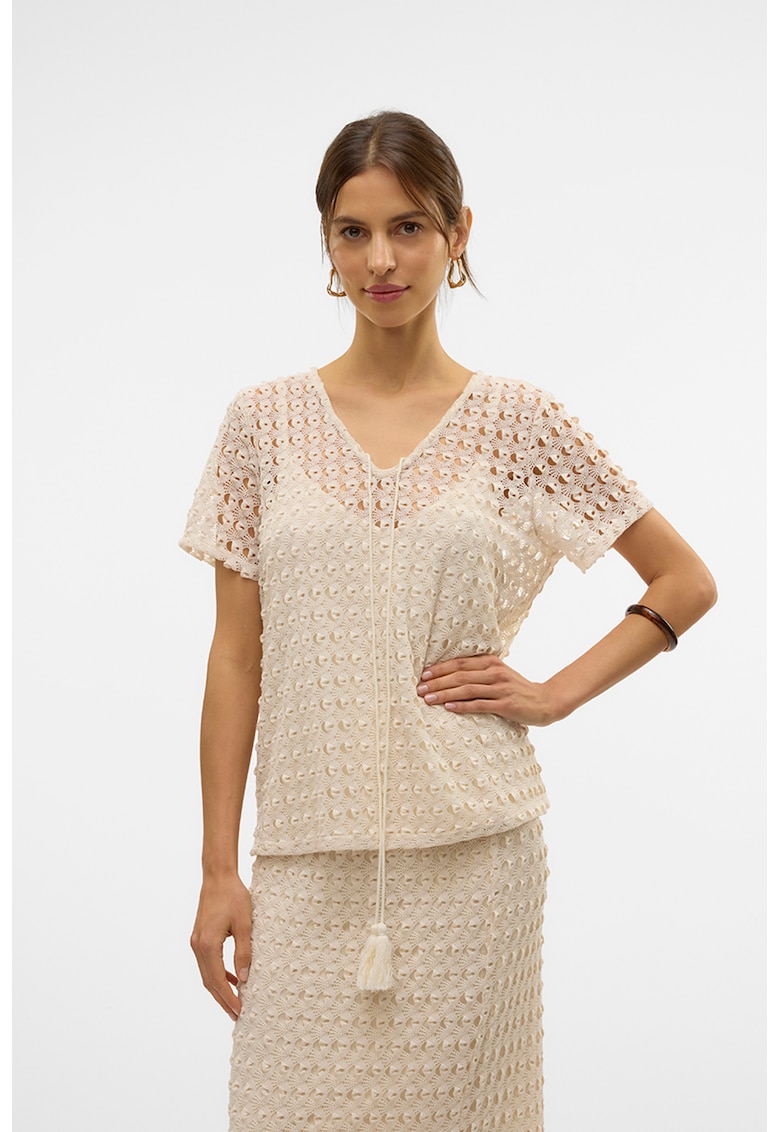 Bluza cu decolteu in V si maneci scurte - Bej