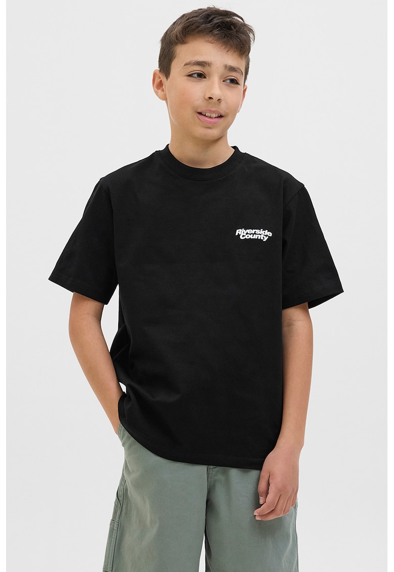 Tricou cu decolteu la baza gatului si imprimeu text - Negru