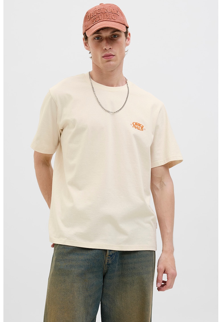Tricou din amestec de bumbac organic cu decolteu la baza gatului - Portocaliu/Crem