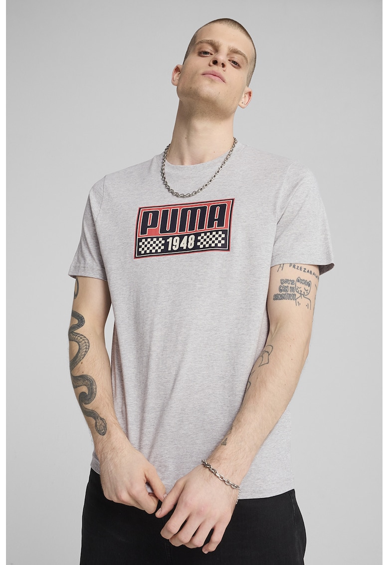 Tricou cu imprimeu si decolteu la baza gatului - Coral/Gri deschis melange