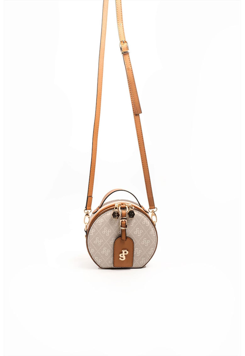Geanta crossbody cu fermoar si model - Bej inchis/Caramel