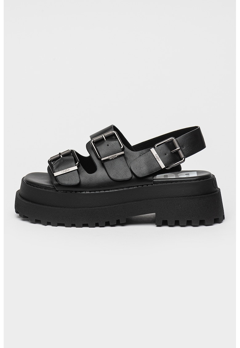 Sandale demi-wedge din piele ecologica cu catarama - Negru