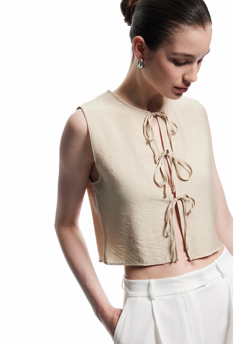 Bluza crop cu prindere cu snururi - Maro taupe deschis