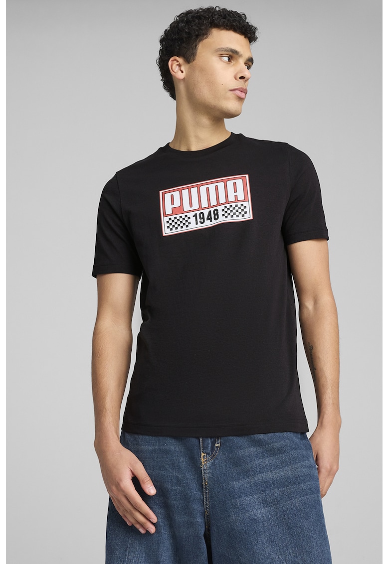 Tricou cu imprimeu si decolteu la baza gatului - Negru