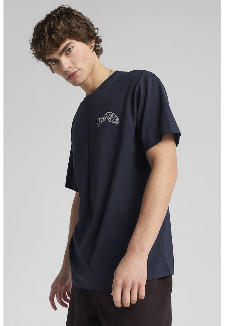 Tricou de bumbac cu imprimeu grafic pe partea din spate - Albastru ultramarin/Bej
