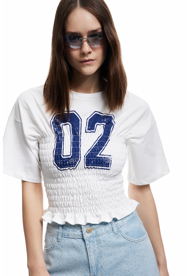 Tricou cu fronseuri si imprimeu text - Albastru royal/Alb optic
