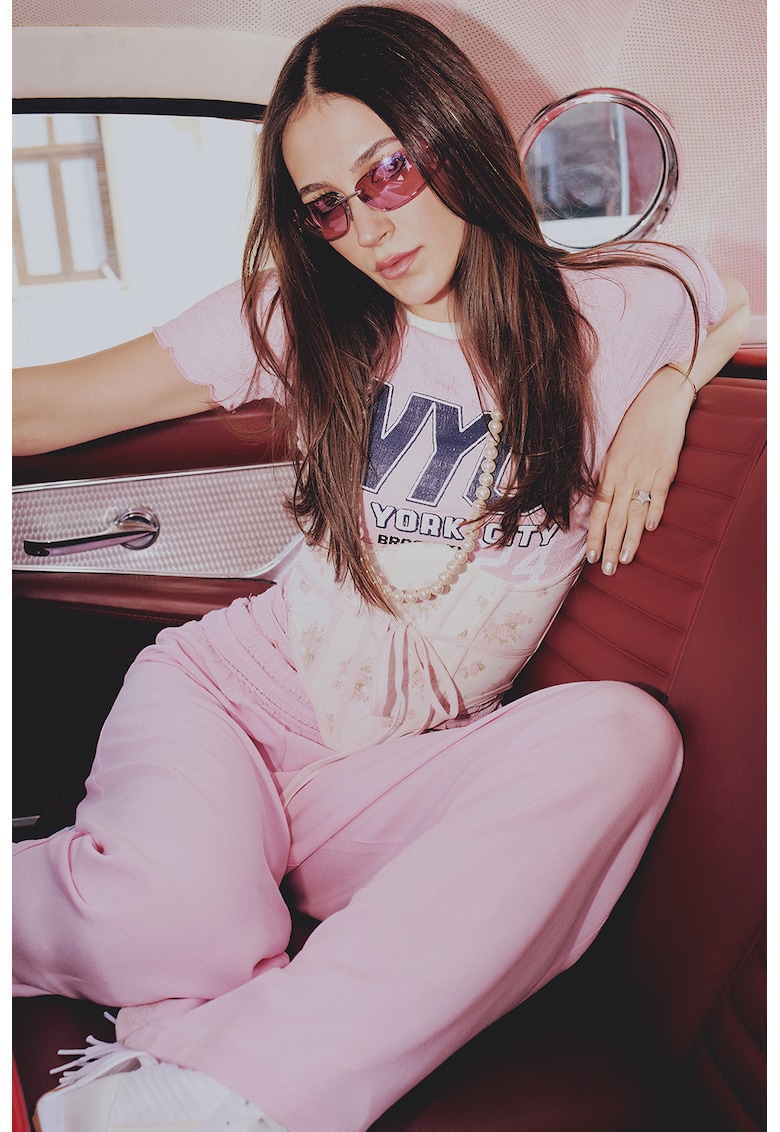 Pantaloni cu croiala ampla si talie inalta - Roz pastel