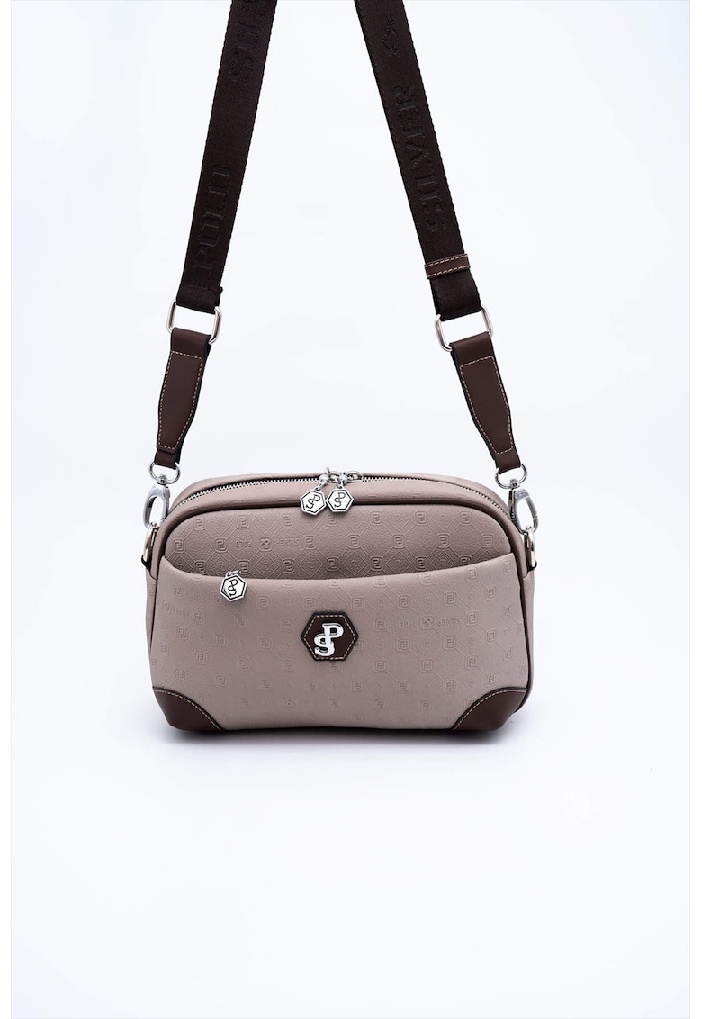 Geanta crossbody din piele ecologica - Maro inchis - Maro inchis/Roz prafuit - 18x27x7