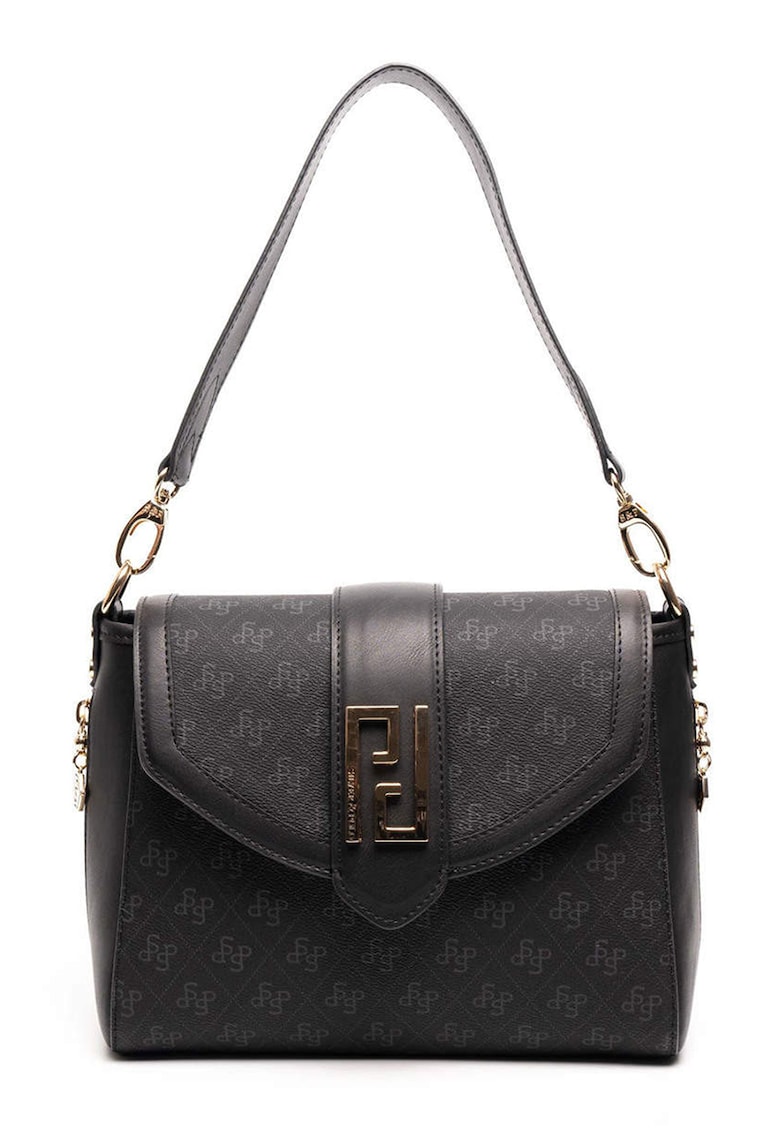 Geanta din piele ecologica cu bareta de umar si model - Negru - Negru - 21x26x12