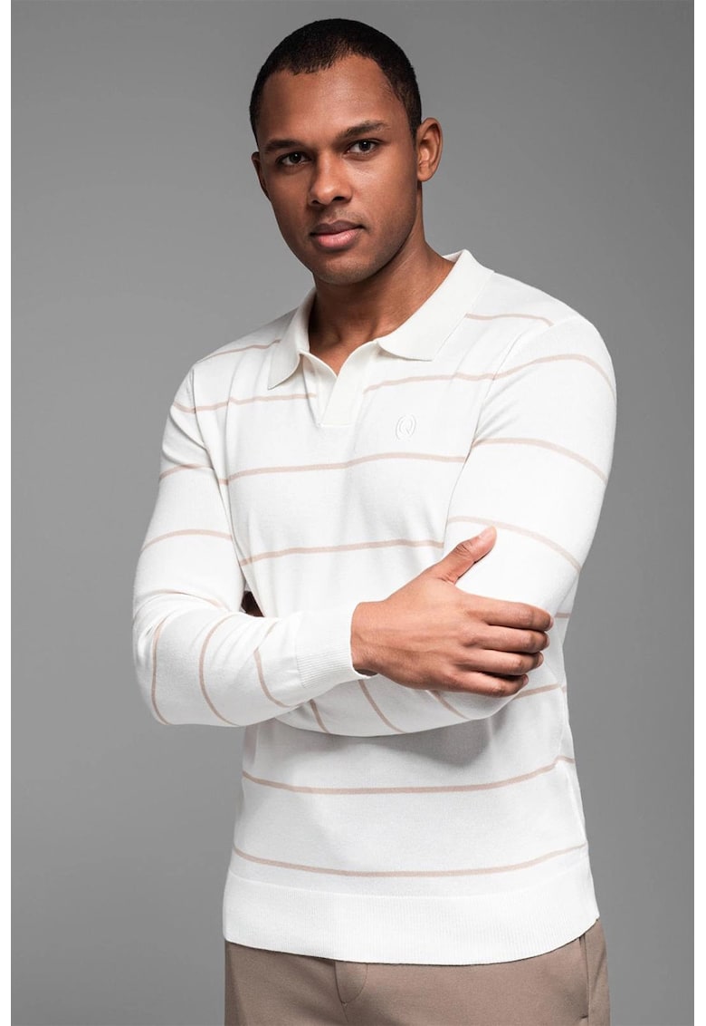 Bluza polo cu dungi - Bej/Alb optic