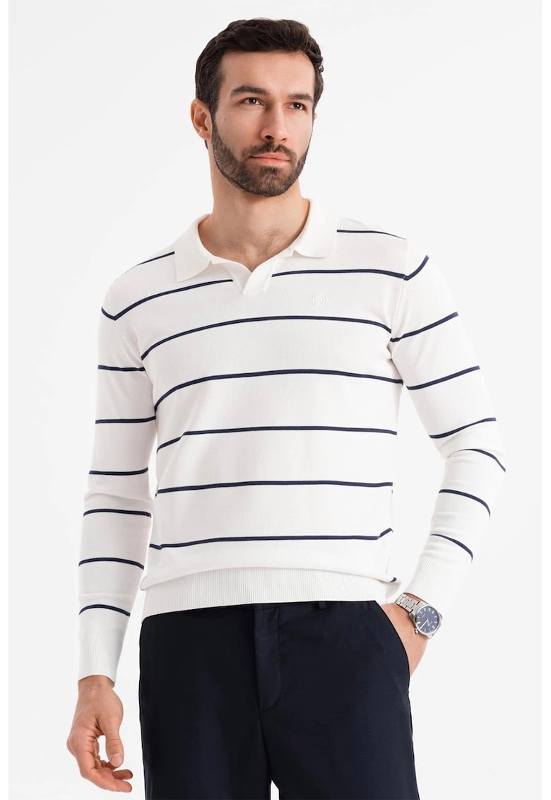 Bluza polo cu dungi - Alb optic/Bleumarin