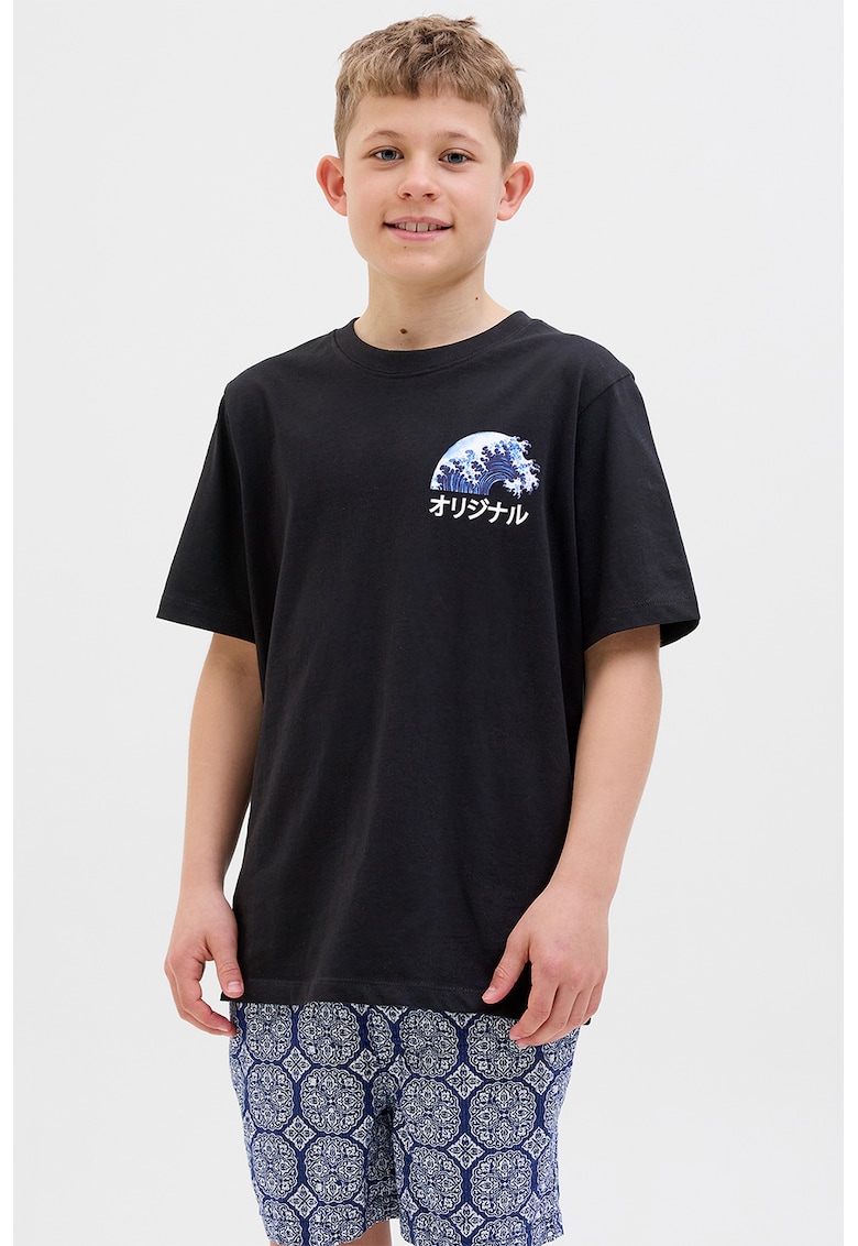 Tricou cu decolteu la baza gatului si imprimeu - Negru/Albastru