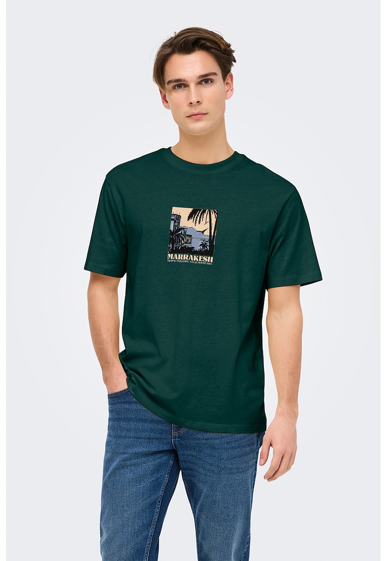 Tricou din bumbac cu imprimeu grafic discret - Verde padure