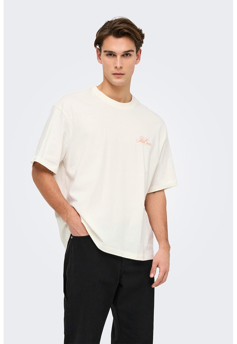 Tricou lejer cu imprimeu grafic si model text pe partea din spate - Alb/Roz prafuit