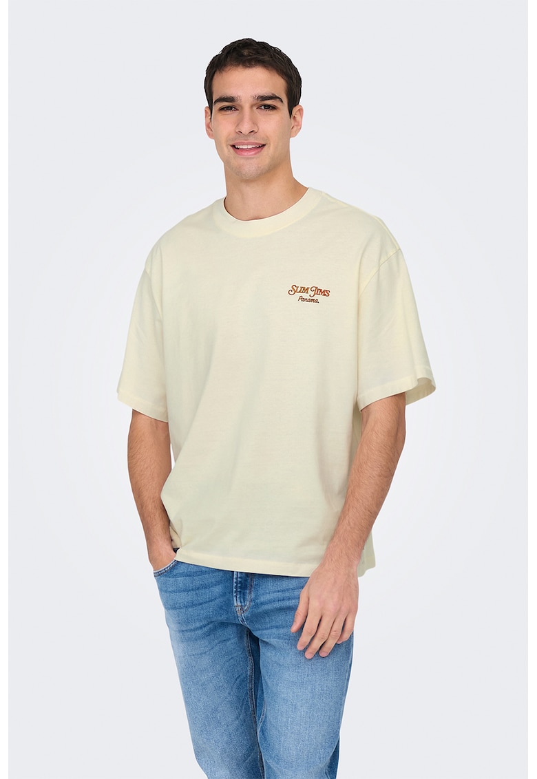 Tricou lejer cu maneci cazute si imprimeu pe partea din spate - Portocaliu/Crem
