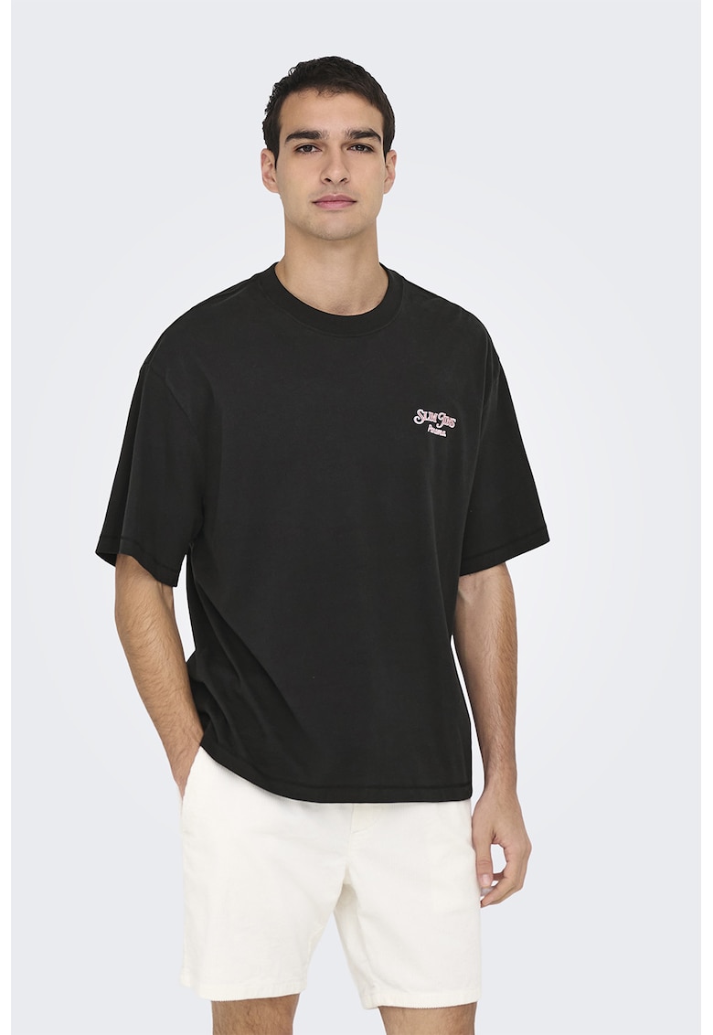 Tricou lejer cu maneci cazute si imprimeu pe partea din spate - Negru/Roz
