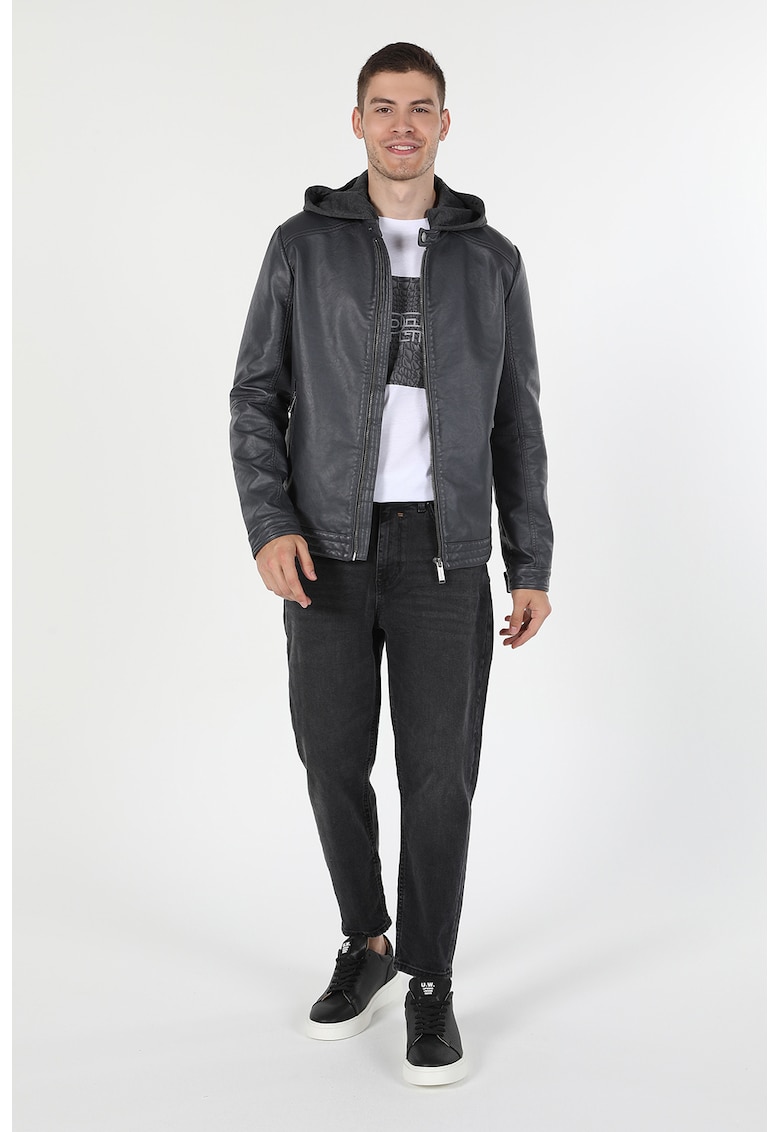 Jacheta slim fit de piele ecologica cu gluga - Gri inchis