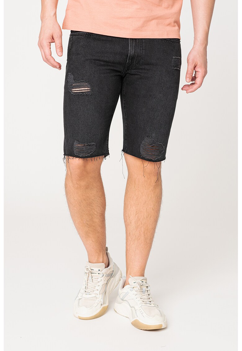 Bermude din denim cu detalii cu aspect deteriorat - Negru