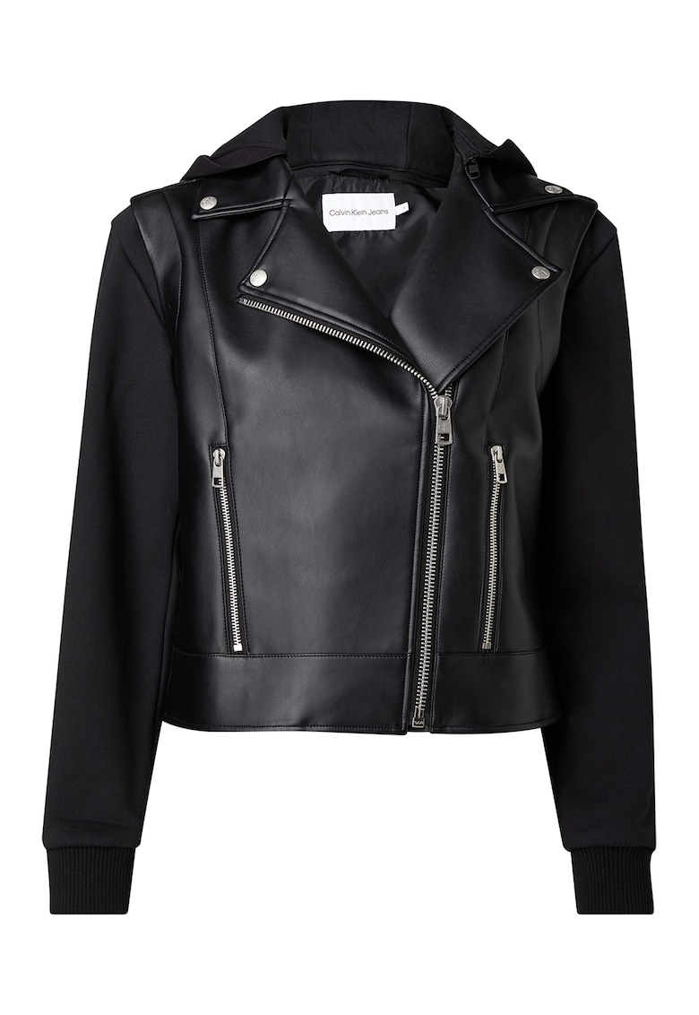 Jacheta biker de piele ecologica cu gluga - Negru